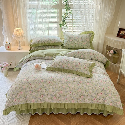 91家纺网 家纺一手货源 找家纺 （总）美达家纺 2025新款全棉纯色拼印花床裙四件套