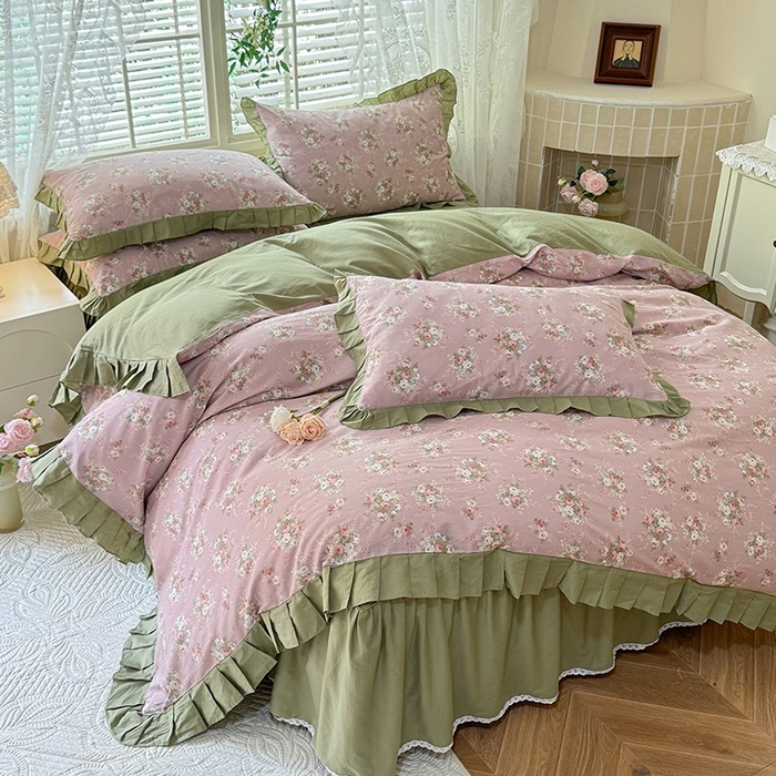 91家纺网 家纺一手货源 找家纺 （总）美达家纺 2025新款全棉纯色拼印花床裙四件套