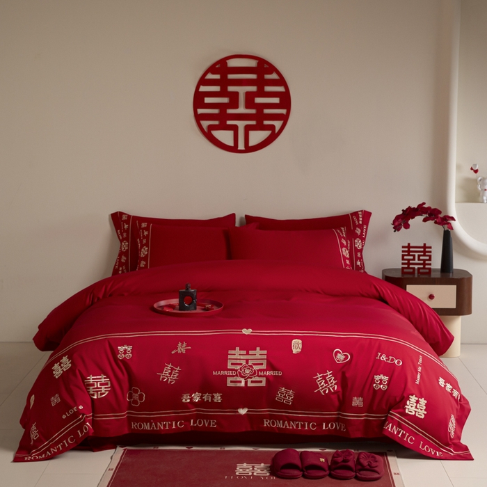 91家纺网 家纺一手货源 找家纺 苏源家居 2025新款 大红婚庆结婚喜庆刺绣轻奢四件套-吾家有喜系列 吾家有喜-金色