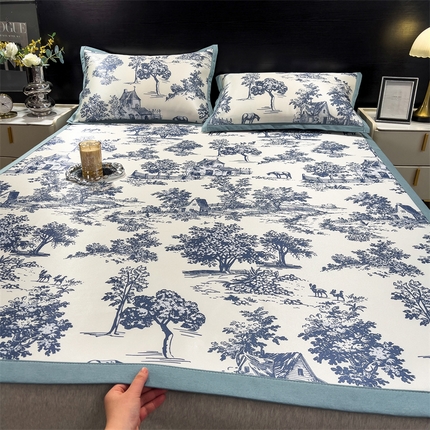 兄弟坊 2025新款新中式花卉印花冰丝席 庄园画图-蓝