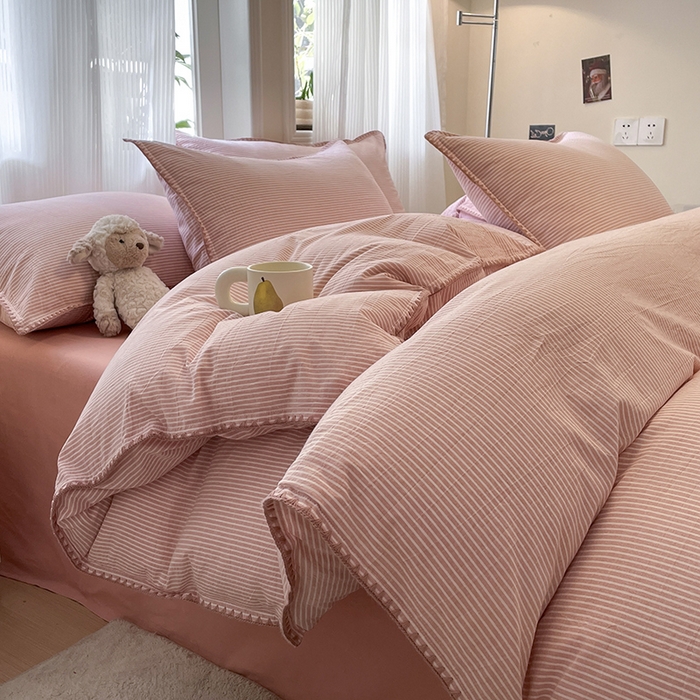 91家纺网 家纺一手货源 找家纺 蓝邻家纺 2025年新款全棉水洗棉贝壳边四件套系列 佐伊粉