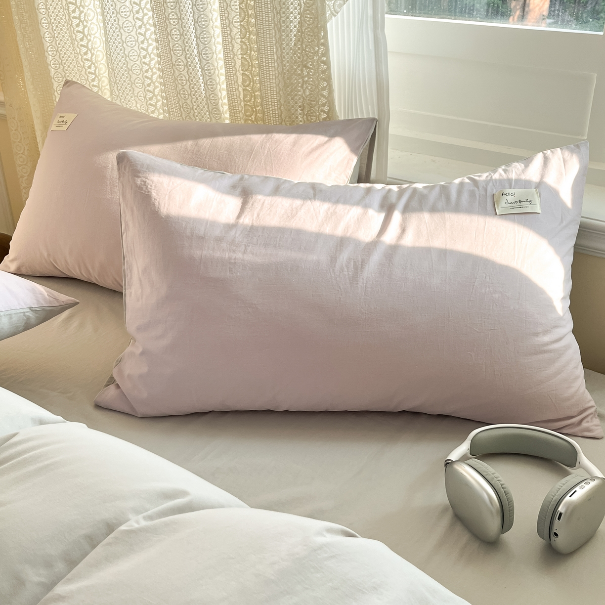 91家纺网 家纺一手货源 找家纺 寐居家纺 2025新款色织水洗棉套件 豆蔻紫+古典灰