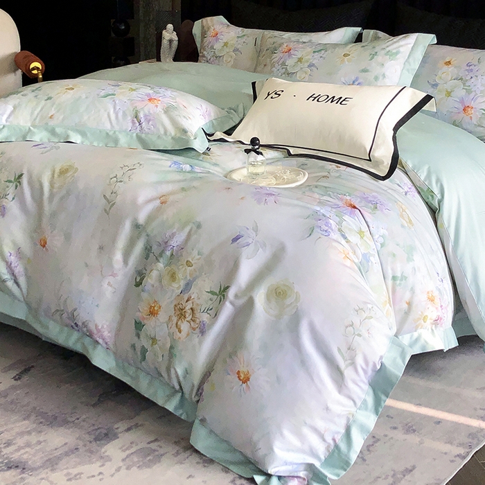 91家纺网 家纺一手货源 找家纺 薏思家纺 2025新款100支长绒棉数码印花飞边款四件套 晚香青玉