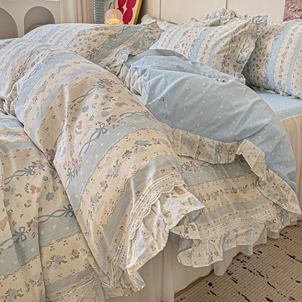 91家纺网 家纺一手货源 找家纺 总 麦朵13372花边全棉四件套长绒棉床裙款四件套双层纱全棉水洗棉套件