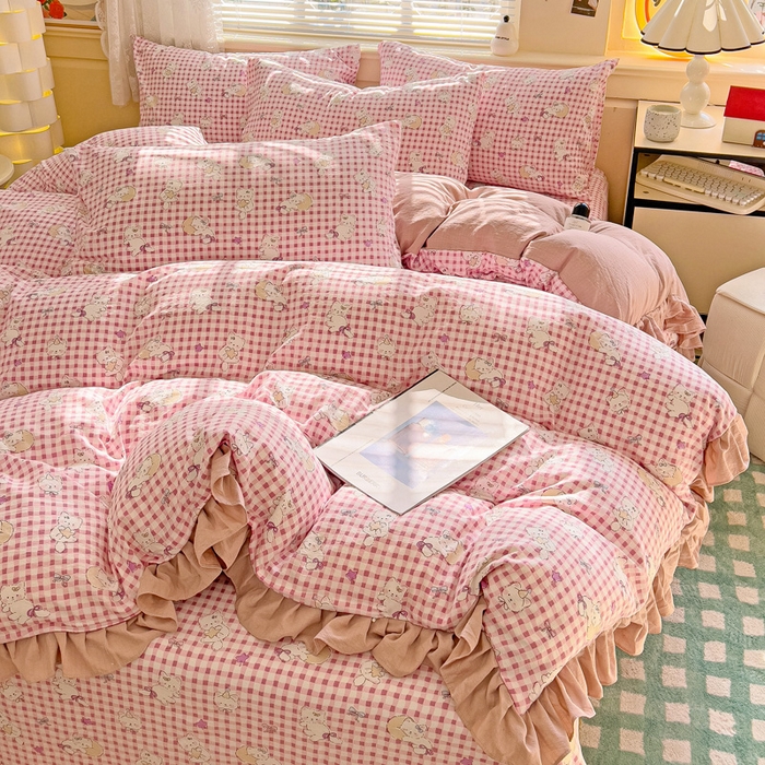 91家纺网 家纺一手货源 找家纺 纽缦家纺 2025新款云感提花双层纱韩版四件套 猫猫晚宴