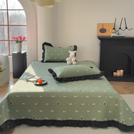 金丝鸟 2025全棉黑色花边款韩式床盖 绿色斑点狗