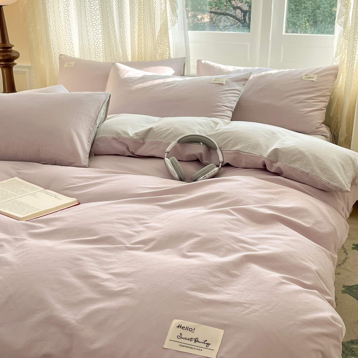 91家纺网 家纺一手货源 找家纺 寐居家纺 2025新款色织水洗棉套件 豆蔻紫+古典灰