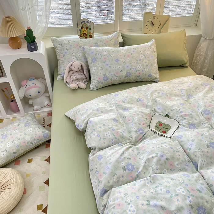 91家纺网 家纺一手货源 找家纺 丫丫家纺  2025新款13070全棉喷气小清新印花单品套件系列-四件套 绿意盎然