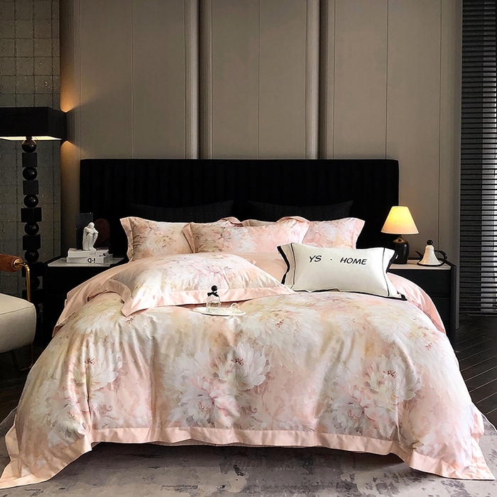 91家纺网 家纺一手货源 找家纺 薏思家纺 2025新款100支长绒棉数码印花飞边款四件套 花海