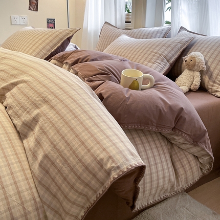 蓝邻家纺 2025年新款全棉水洗棉贝壳边四件套系列 日落灰