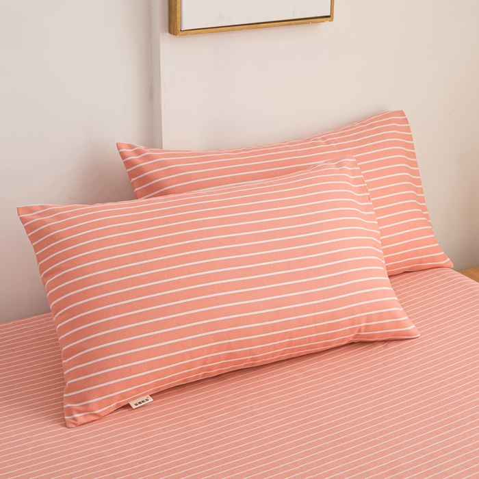 91家纺网 家纺一手货源 找家纺 棉乐町家居  2025新款原棉粗布床笠 条纹粉