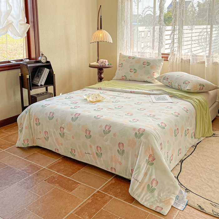 91家纺网 家纺一手货源 找家纺 小禹仔 2025新款针织凉感丝印花夏被夏凉被 夏花绿