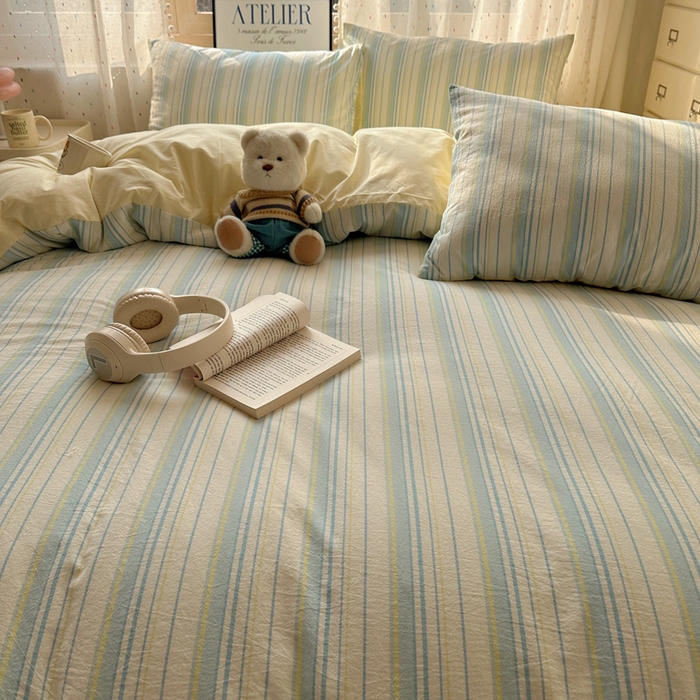 91家纺网 家纺一手货源 找家纺 雅居纺家纺 2025全棉色织水洗棉四件套 竖条蓝