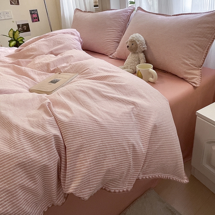 91家纺网 家纺一手货源 找家纺 蓝邻家纺 2025年新款全棉水洗棉贝壳边四件套系列 佐伊粉