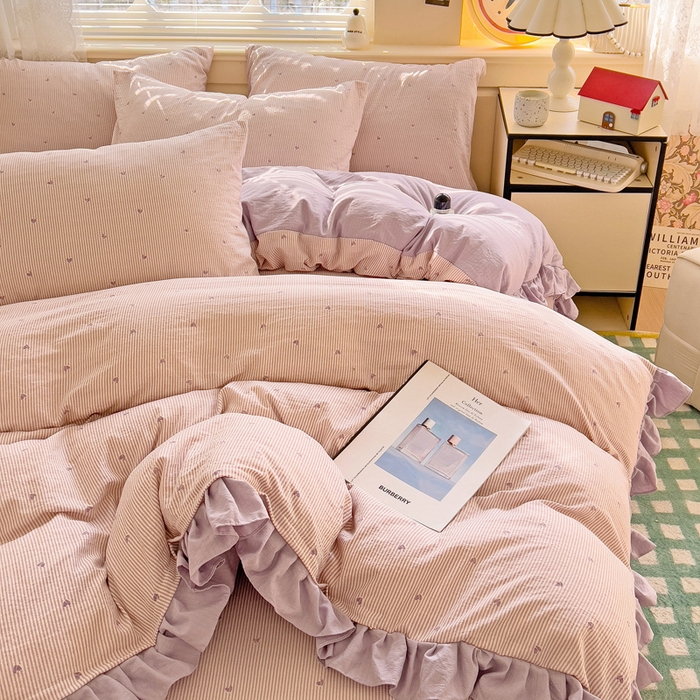 91家纺网 家纺一手货源 找家纺 纽缦家纺 2025新款云感提花双层纱韩版四件套 倾心紫