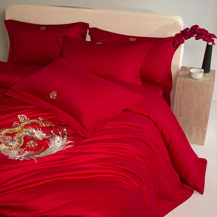 91家纺网 家纺一手货源 找家纺 （总）秀色家纺 2025新款高档100支新疆长绒棉婚庆四件套纯棉喜被全棉大红色结婚床单被套-龙凤呈祥
