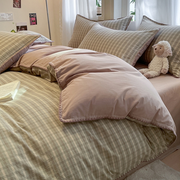 91家纺网 家纺一手货源 找家纺 蓝邻家纺 2025年新款全棉水洗棉贝壳边四件套系列 日落绿