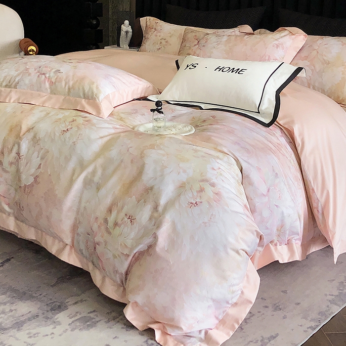 91家纺网 家纺一手货源 找家纺 薏思家纺 2025新款100支长绒棉数码印花飞边款四件套 花海