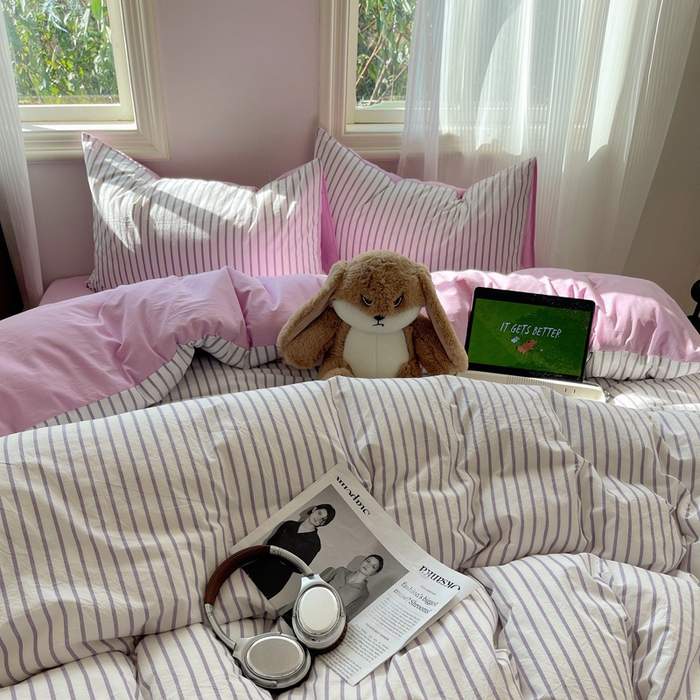 91家纺网 家纺一手货源 找家纺 雅居纺家纺 2025全棉色织水洗棉四件套 竖条紫