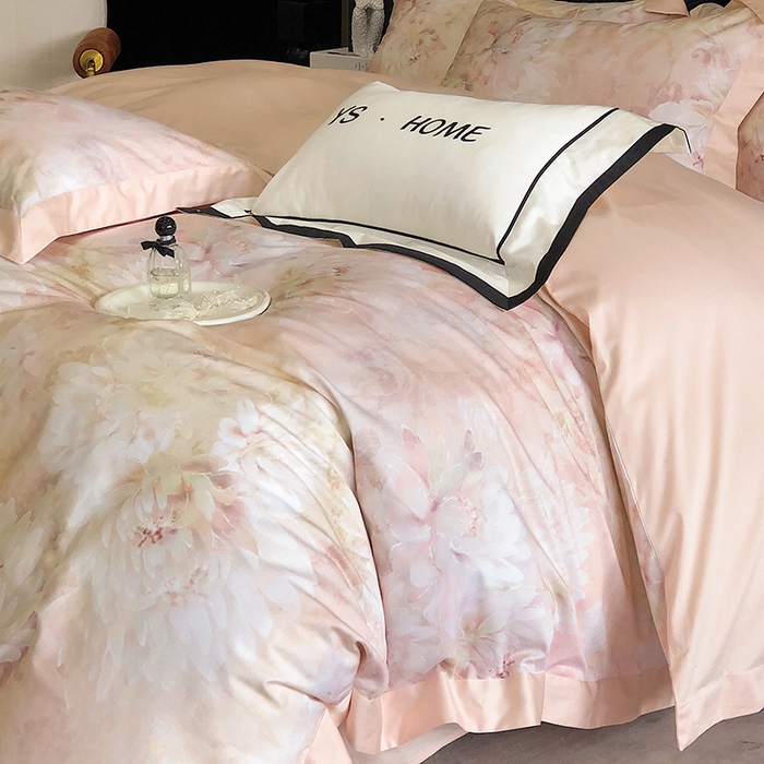 91家纺网 家纺一手货源 找家纺 薏思家纺 2025新款100支长绒棉数码印花飞边款四件套 花海