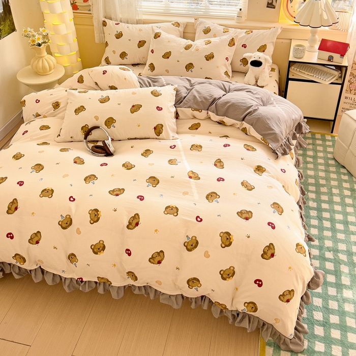 91家纺网 家纺一手货源 找家纺 纽缦家纺 2025新款云感提花双层纱韩版四件套 奇妙小熊米