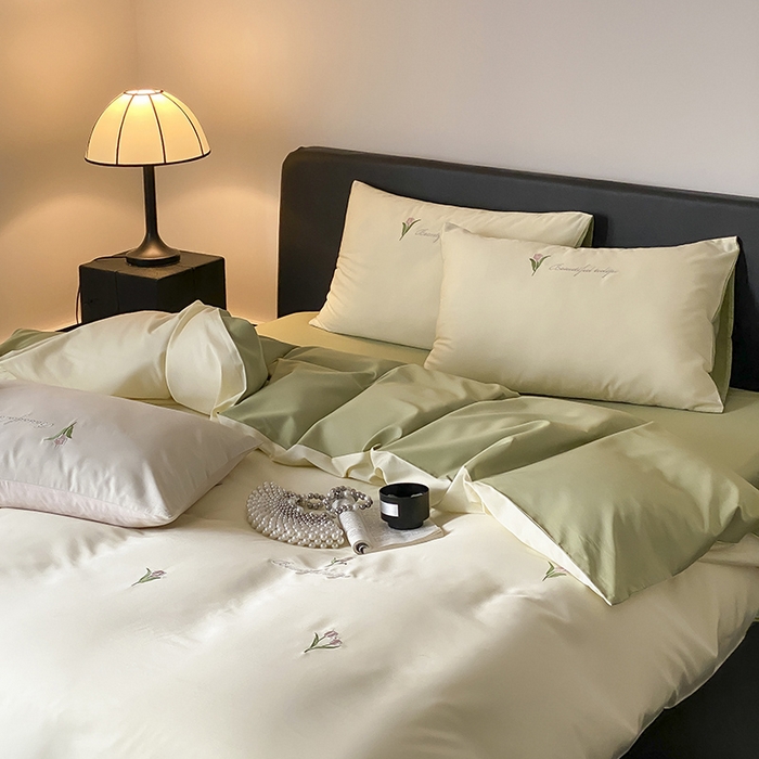 91家纺网 家纺一手货源 找家纺 Mr.pig猪先生水洗棉 2025新款天丝棉绣花郁金香系列四件套 郁金香-水竹绿