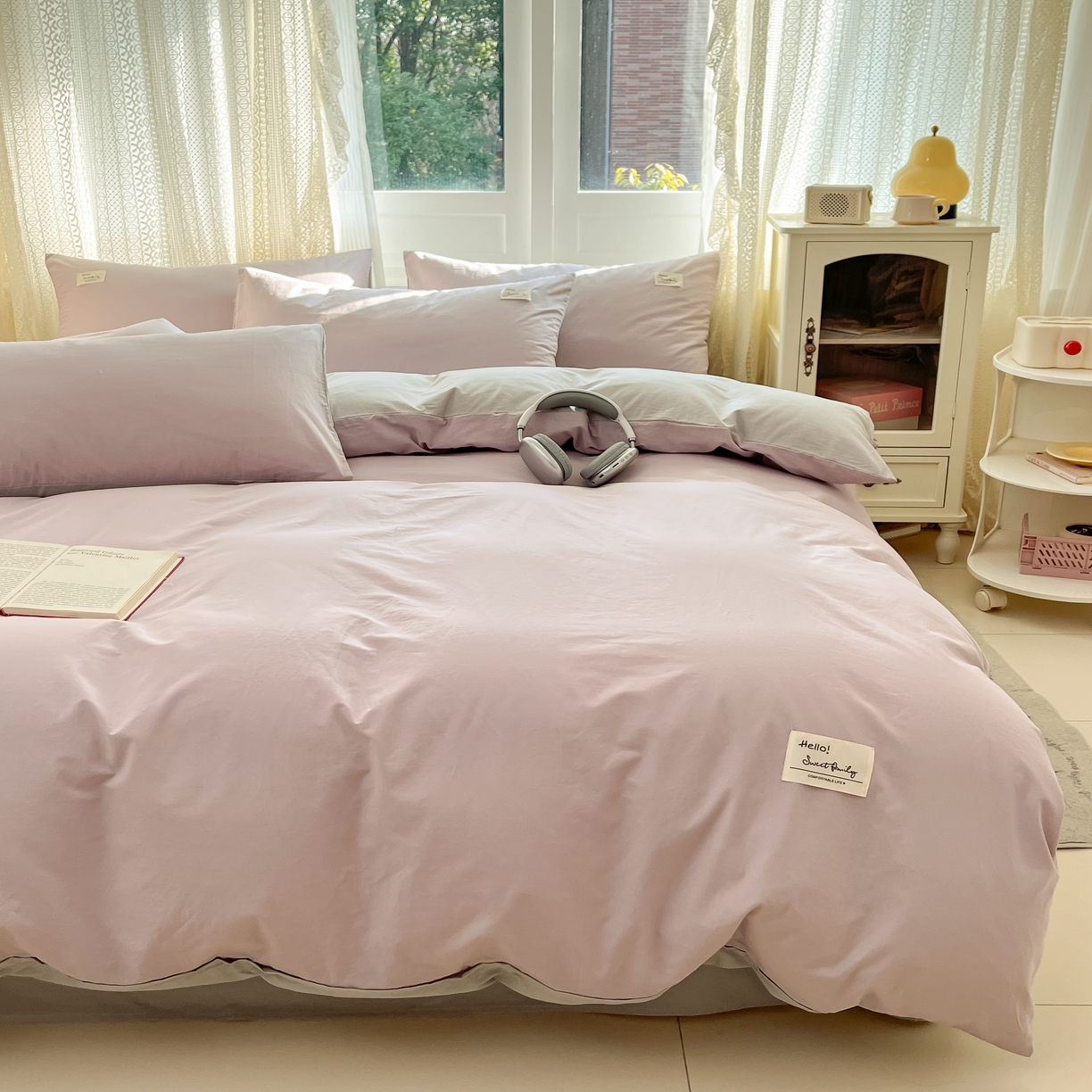 91家纺网 家纺一手货源 找家纺 寐居家纺 2025新款色织水洗棉套件 豆蔻紫+古典灰