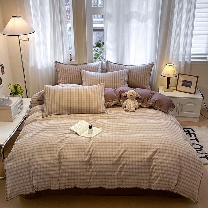 91家纺网 家纺一手货源 找家纺 蓝邻家纺 2025年新款全棉水洗棉贝壳边四件套系列 日落灰