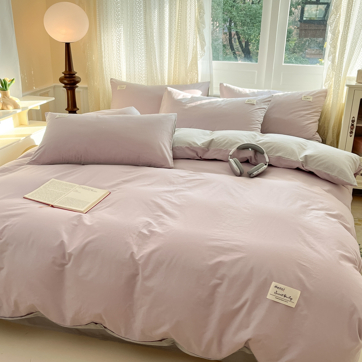 91家纺网 家纺一手货源 找家纺 寐居家纺 2025新款色织水洗棉套件 豆蔻紫+古典灰