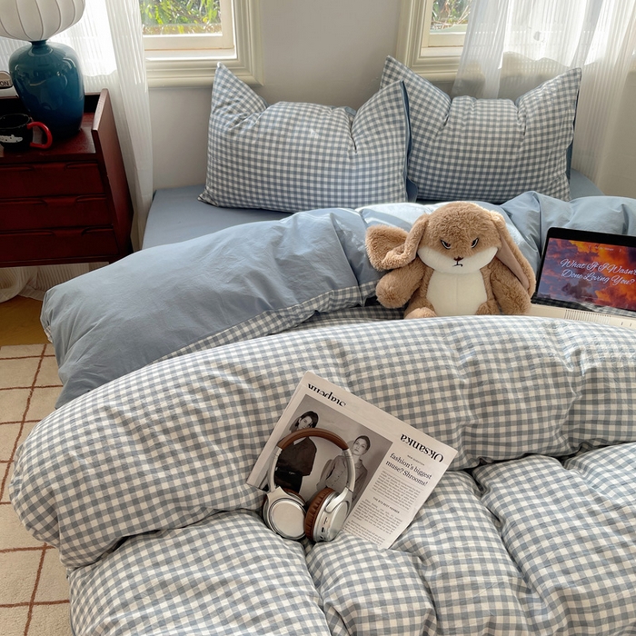 91家纺网 家纺一手货源 找家纺 雅居纺家纺 2025全棉色织水洗棉四件套 蓝小格