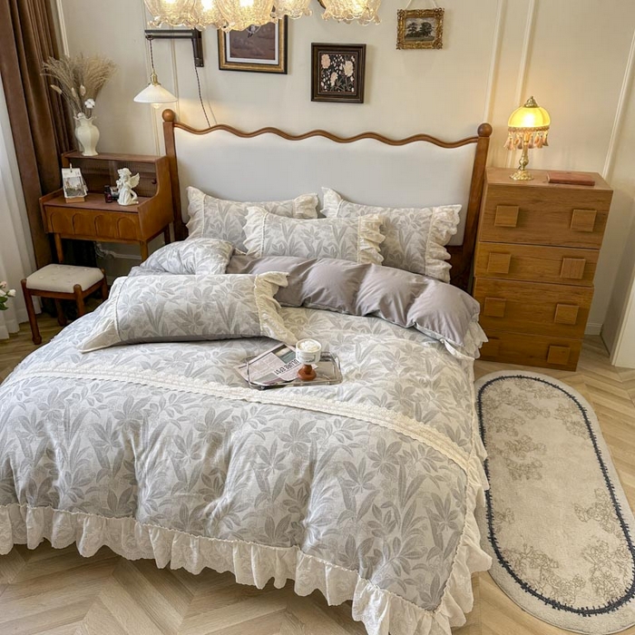 91家纺网 家纺一手货源 找家纺 亲亲公主 2025新款棉麻提花四件套 茉莉-灰色