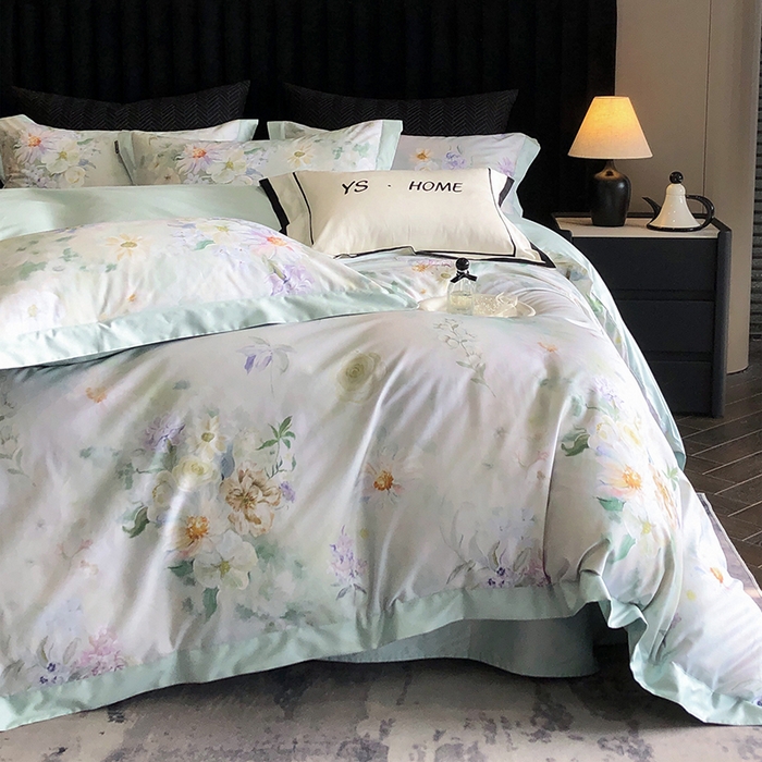 91家纺网 家纺一手货源 找家纺 薏思家纺 2025新款100支长绒棉数码印花飞边款四件套 晚香青玉