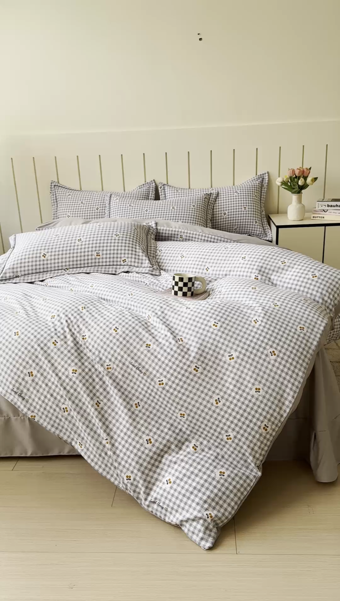 91家纺网 家纺一手货源 找家纺 可思家纺2025新款可思-简单款双层纱套件 樱桃小格蓝