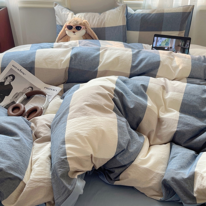 91家纺网 家纺一手货源 找家纺 雅居纺家纺 2025全棉色织水洗棉四件套 蓝大格