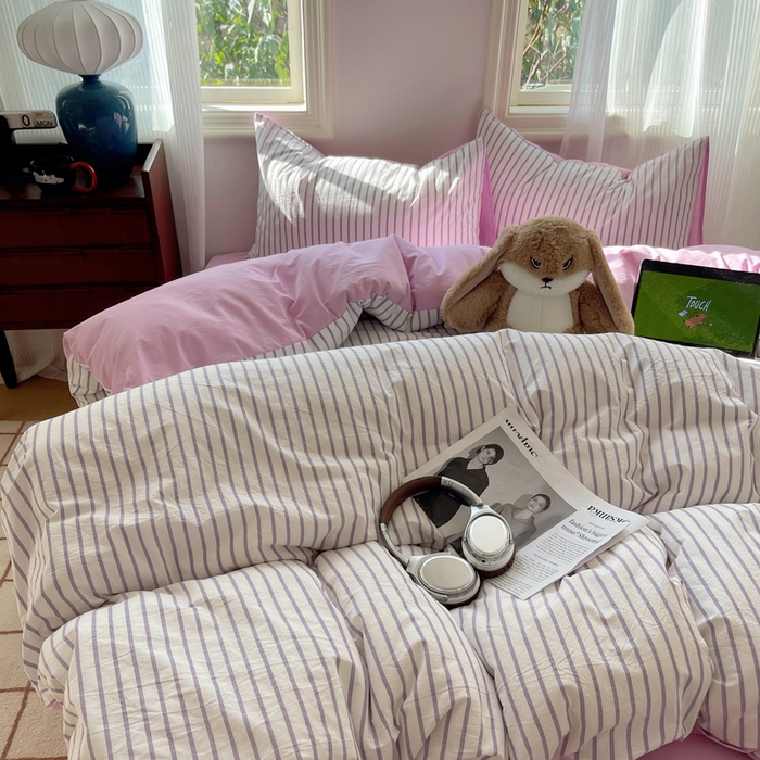 91家纺网 家纺一手货源 找家纺 雅居纺家纺 2025全棉色织水洗棉四件套 竖条紫