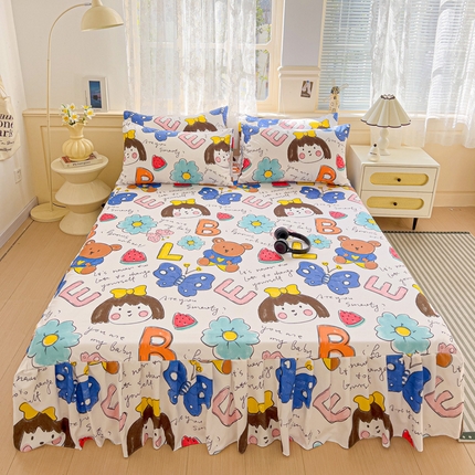 极梦家纺（支持定制）  2025新款春秋130克加厚植物羊绒磨毛印花单床裙三件套 樱桃丸子