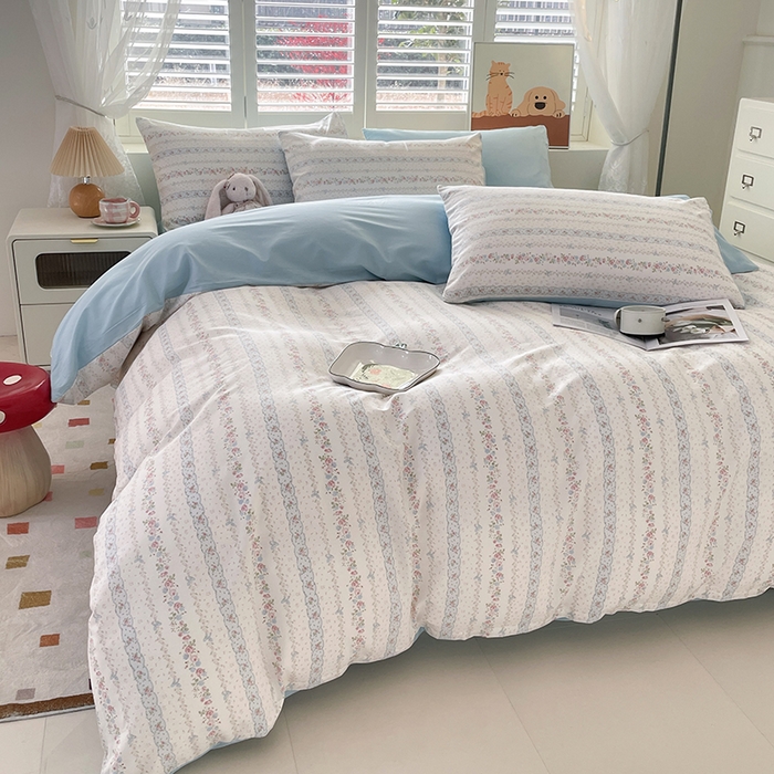 91家纺网 家纺一手货源 找家纺 丫丫家纺  2025新款13070全棉喷气小清新印花单品套件系列-四件套 水苏花条纹