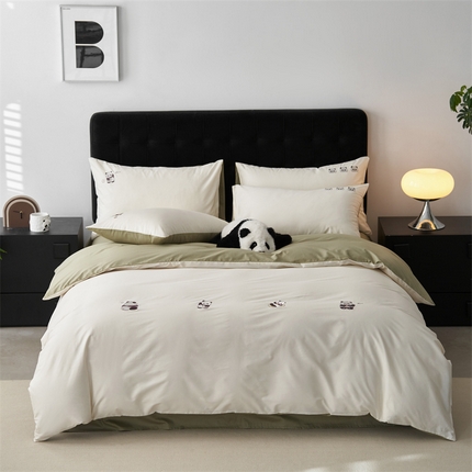 91家纺网 家纺一手货源 找家纺 鼎飞家纺 2025新款全棉纯色双拼套件 奶白浅绿