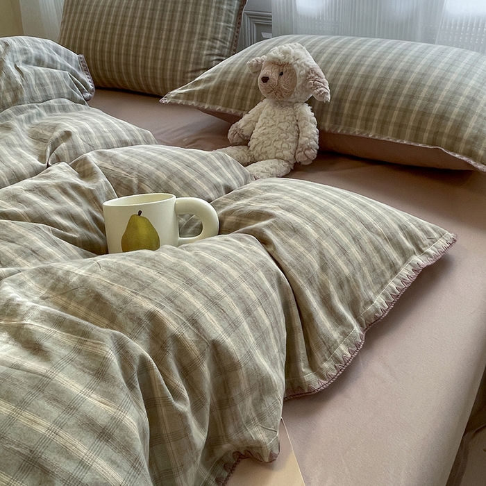 91家纺网 家纺一手货源 找家纺 蓝邻家纺 2025年新款全棉水洗棉贝壳边四件套系列 日落绿