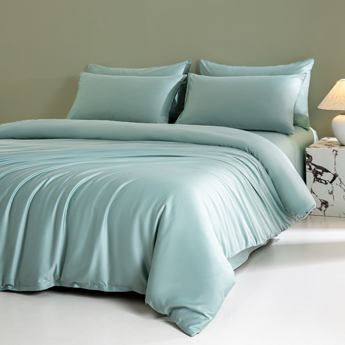 91家纺网 家纺一手货源 找家纺 沃尔居 2025新款全棉长绒棉四件套纯色贡缎纯棉被套床笠款三件套 薄荷绿