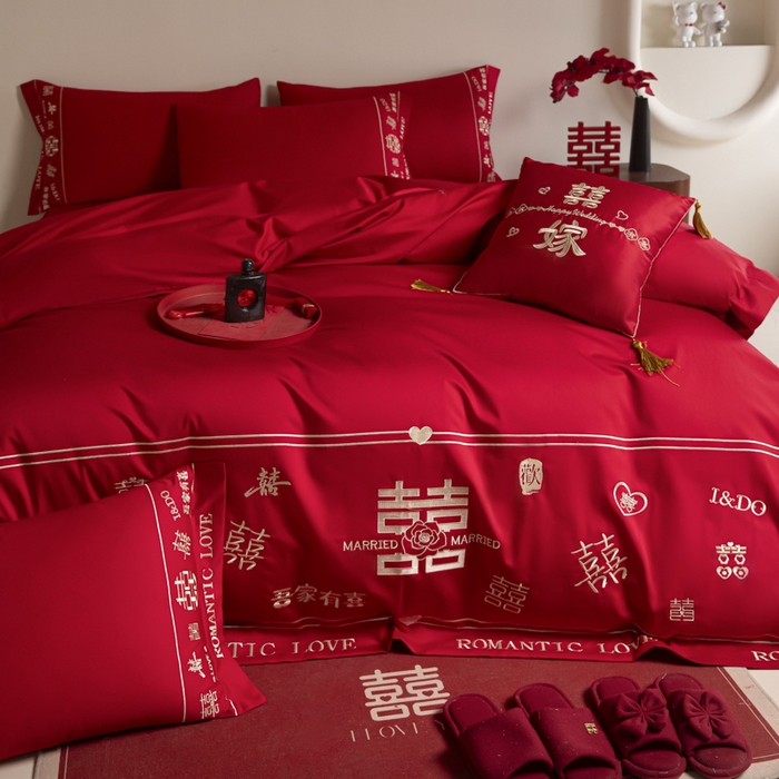 91家纺网 家纺一手货源 找家纺 苏源家居 2025新款 大红婚庆结婚喜庆刺绣轻奢四件套-吾家有喜系列 吾家有喜-金色