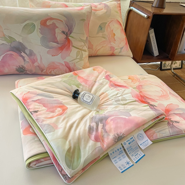 91家纺网 家纺一手货源 找家纺 小禹仔 2025新款针织凉感丝印花夏被夏凉被 油画粉