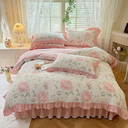 91家纺网 家纺一手货源 找家纺 （总）美达家纺 2025新款全棉纯色拼印花床裙四件套