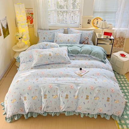 91家纺网 家纺一手货源 找家纺 纽缦家纺 2025新款云感提花双层纱韩版四件套 小猫时光蓝