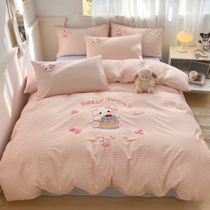 寐居家纺 2025新款全棉13070毛巾绣四件套 蛋糕猫咪