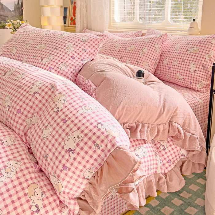 91家纺网 家纺一手货源 找家纺 纽缦家纺 2025新款云感提花双层纱韩版四件套 猫猫晚宴