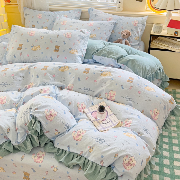 91家纺网 家纺一手货源 找家纺 纽缦家纺 2025新款云感提花双层纱韩版四件套 小猫时光蓝