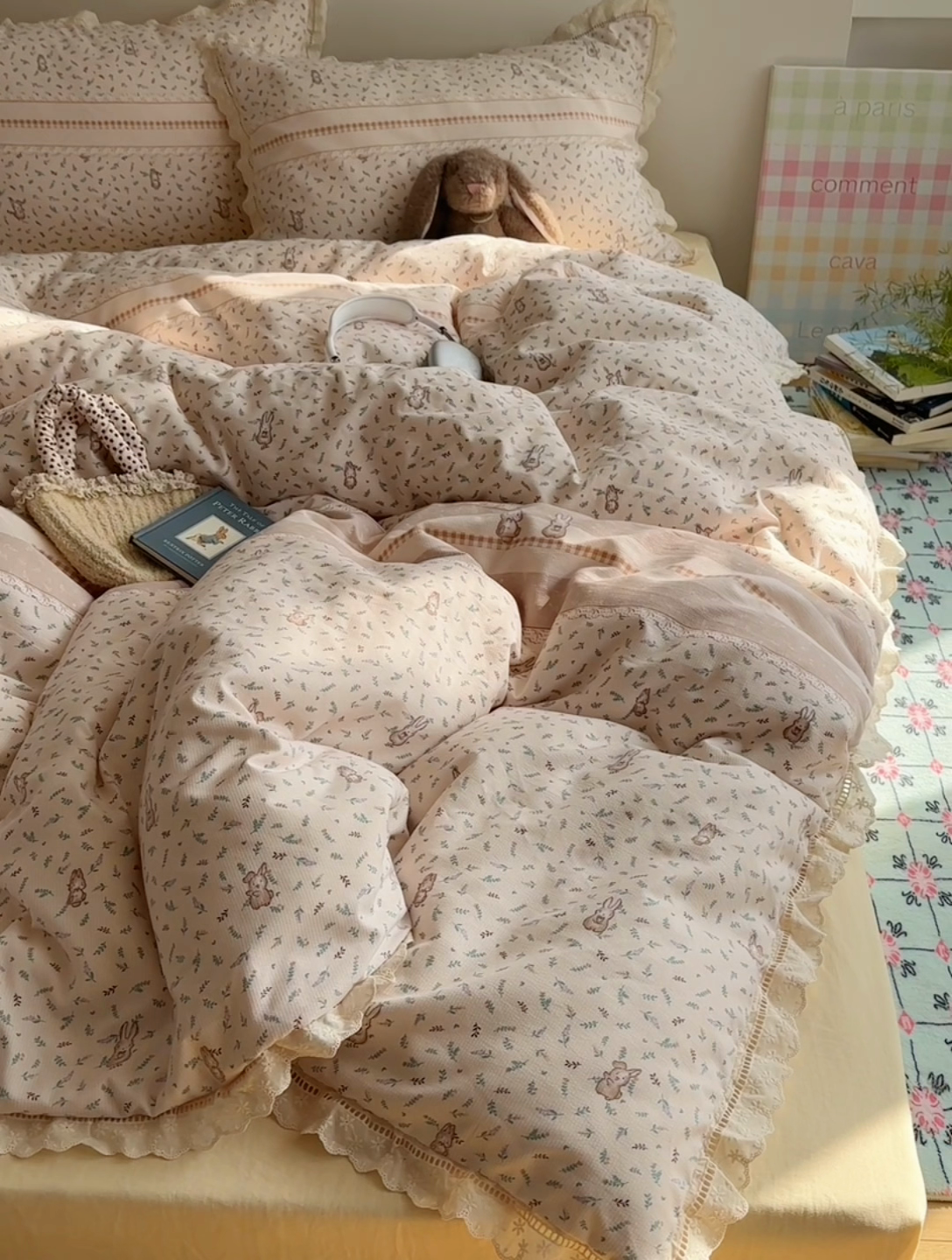 91家纺网 家纺一手货源 找家纺 顾里家纺 顾里家纺 2025新款春日碎花云朵泡泡纱花边套件 碎花小兔