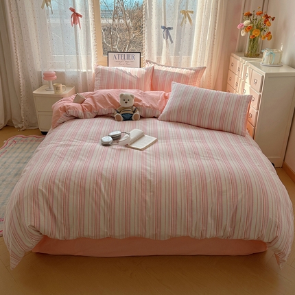 雅居纺家纺 2025全棉色织水洗棉四件套 竖条粉