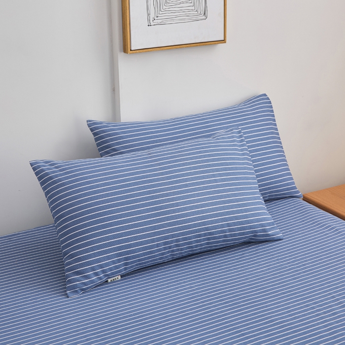 91家纺网 家纺一手货源 找家纺 棉乐町家居  2025新款原棉粗布床笠 条纹蓝